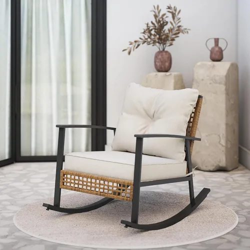 Vista 5 de LAUSAINT HOME Mecedora de mimbre para exteriores, silla de patio de gran tamaño, cómoda silla mecedora con cojín grueso, silla moderna y acogedora
