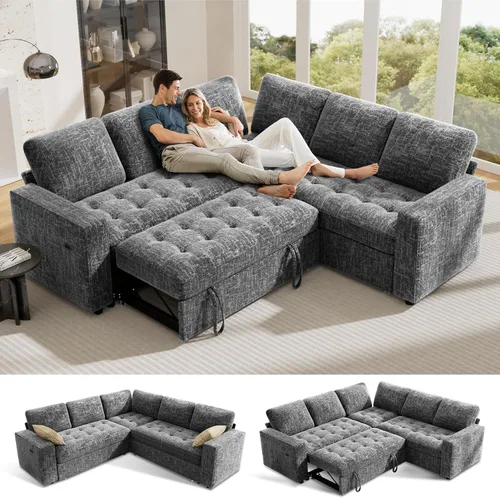 Vista 16 de Vipbear Sofá cama modular en forma de L de 7 asientos con otomana/cama extraíble/respaldo reclinable/puertos USB/mesa/luz LED/asiento de Negro