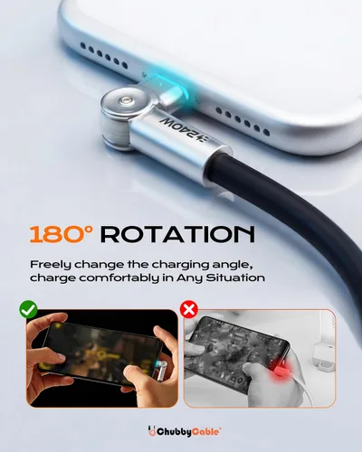 Vista 3 de chubbycable Chubby RotateX - Cable de carga rápida giratorio de 240 W, doble 180°, con luz LED, cable USB C de silicona suave, cable de carga extra