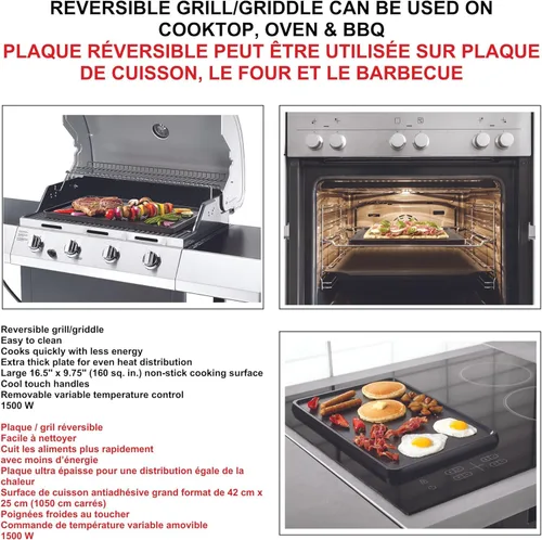 Vista 5 de Starfrit The Rock Electric - Parrilla y plancha reversible Rock.Tec antiadherente, control de temperatura variable, asas de tacto frío, 1500 W