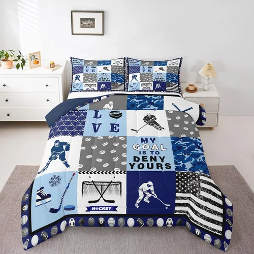Vista 6 de Erosebridal Juego de edredón de hockey sobre hielo para niños, juego de ropa de cama de hockey sobre hielo, juego de cama individual de deportes
