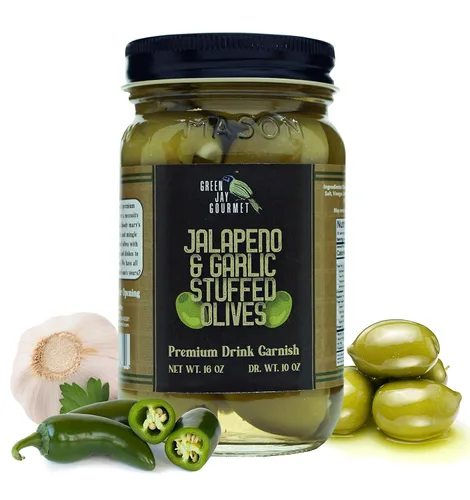 Vista 8 de Green Jay Gourmet Aceitunas Rellenas de Almendra – Aceitunas Verdes Rellenas de Almendra para Decoración de Cócteles y Tabla de Quesos – Aceitunas