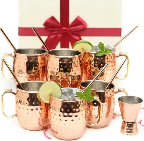 Vista 6 de Juego de regalo de cobre martillado de Moscú con tazas de acero inoxidable con soporte para el pulgar, juego de 12 popotes y 2 jiggers, ideal