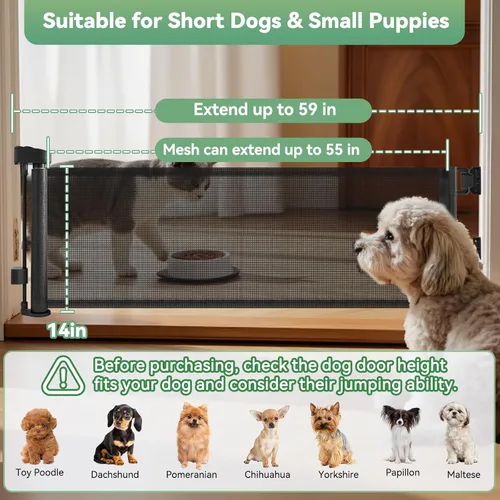Vista 2 de Puerta corta para perro, puertas retráctiles para perros de 14 pulgadas de alto, puerta retráctil de malla para mascotas, extendida hasta 55