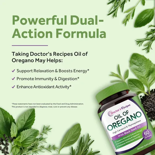 Vista 3 de Doctor's Recipes Aceite de orégano con aceite de semilla negra, 500 mg de extracto de aceite de orégano, sin OMG, suplemento de hierbas totalmente