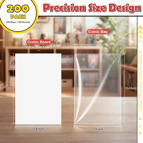 Vista 2 de KKU 200 bolsas y tableros de cómics, bolsas y tableros de cómics transparentes sin ácidos, almacenamiento de cómics para cómics