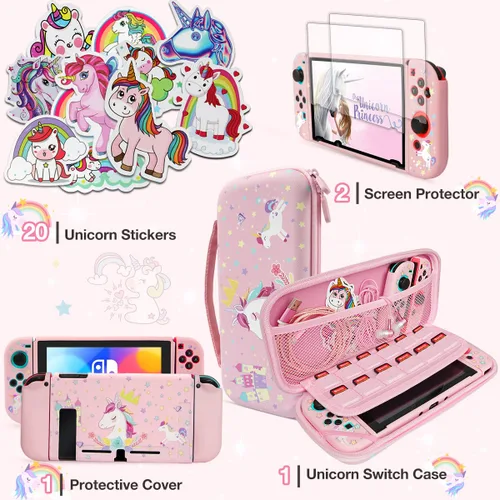 Vista 5 de Pink Unicorn Carrying Case Compatible with Nintendo Switch (NOT OLED or LITE) with Dockable Protective Grip Case+Screen Protector+Unicorn Stickers