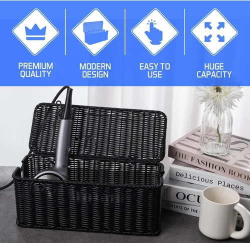 Vista 4 de Caja de organización de cables, organizador de cables de ratán hecho a mano con 2 ranuras abiertas, organizador de cables para regleta de Negro