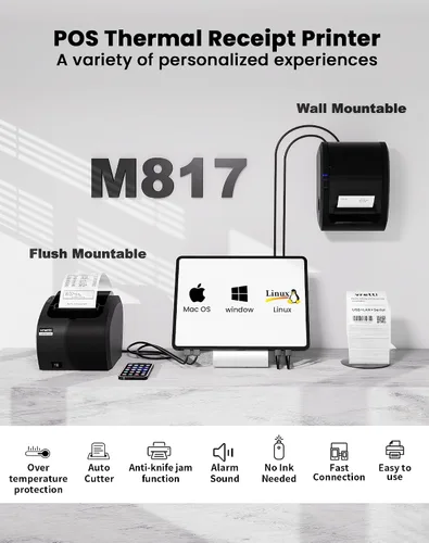 Vista 2 de Impresora de Recibos Térmica vretti, Impresora POS USB de 3'1/8 80mm, Impresora de Cocina para Restaurante con Soporte de Cortador Automático