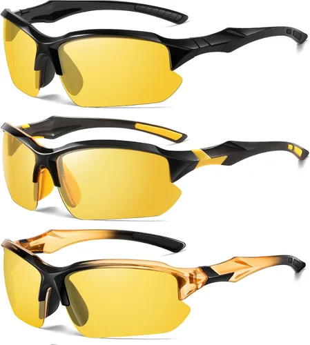 Vista 8 de Paquete de 3 lentes polarizados de visión nocturna para hombres, conducción, ciclismo, deporte, noche, antirreflejos, lentes amarillas, marco ligero