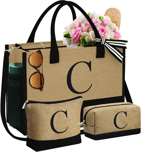 Vista 17 de YOOLIFE Regalos para mujeres, bolsa de yute con inicial y 2 bolsas de maquillaje, regalos personalizados para mujeres, profesores, mamá, amiga