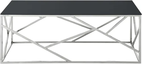 Vista 3 de Mesa de centro rectangular moderna de vidrio con parte superior de cristal templado negro y marco de acero inoxidable para sala de estar
