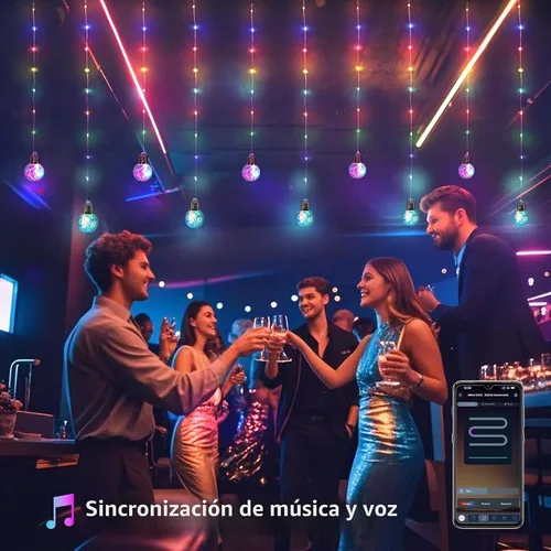 Vista 7 de Luces de Cortina de Bola de Deseos que Cambian de Color, 9.8 x 3.3 Pies, Luz de Hadas LED RGB con Control Remoto por App, Sincronización de Música