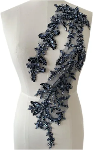 Vista 20 de Parches de lentejuelas brillantes de acrílico hechos a mano en encaje, con cuentas y piedras, para coser, accesorios para vestido de novia (negro)