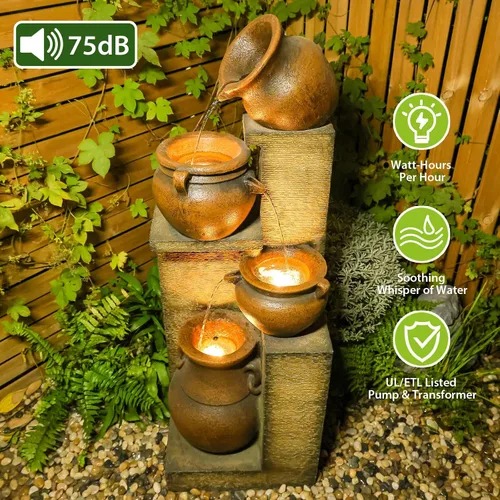 Vista 6 de Bumilgar Fuente de Agua para Patio de 53" de Alto - Las 4 Tinajas Decorativas Modernas en Cascada, Fuentes de Jardín y Cascadas con Luces Cálidas