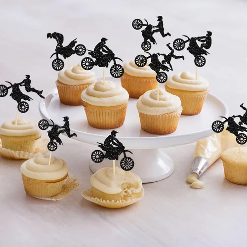 Vista 8 de Gyufise 24 piezas de adornos para cupcakes de motocicleta con purpurina negra para motocross, fiesta de motocross, para deportes, tema de motocross