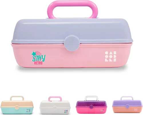 Vista 8 de Caboodles Pretty in Petite - Caja de maquillaje de dos tonos rosa sobre lavanda, caja organizadora de plástico duro, 2 bandejas giratorias, espejo