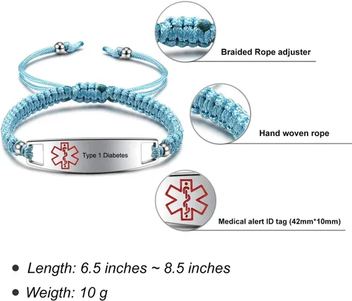 Vista 4 de JF.JEWELRY Pulseras de identificación de alerta médica para diabetes tipo 1 pregrabadas para hombres y mujeres, cuerda de nailon trenzada