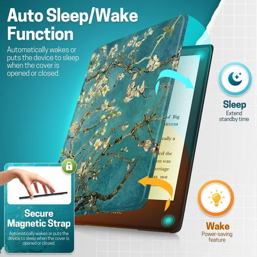 Vista 3 de TNP - Funda delgada para Kindle de 6 pulgadas para 11ª generación 2024/2022, flores de almendro Funda delgada de cuero sintético con diseño