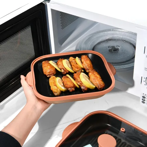 Vista 7 de Sartén Parrilla para Microondas con Tapa - Cocinador de Tocino, Crispador y Hacedor de Queso a la Parrilla, Utensilios de Cocina para Microondas