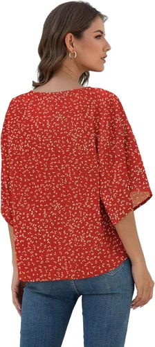 Vista 3 de VIISHOW Blusas de gasa con lazo frontal para mujer, cuello en V, manga corta de murciélago, blusas florales de verano