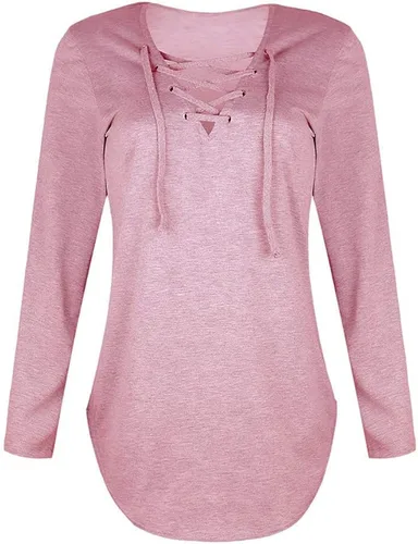 Vista 4 de Women Blouse Top V Long Sleeve Strap T-Shirt Neck Autumn Women's Blouse Raglan T Shirt Women