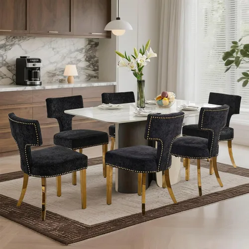 Vista 12 de SoarFlash Juego de 2 sillas de comedor modernas de madera, silla tapizada de tela de lino de granja, respaldo curvado con clavos de cobre alrededor