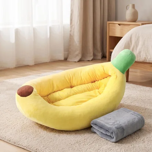 Vista 4 de Cama para mascotas en forma de fruta, linda cama acogedora para gatos en forma de plátano, tamaño a 4