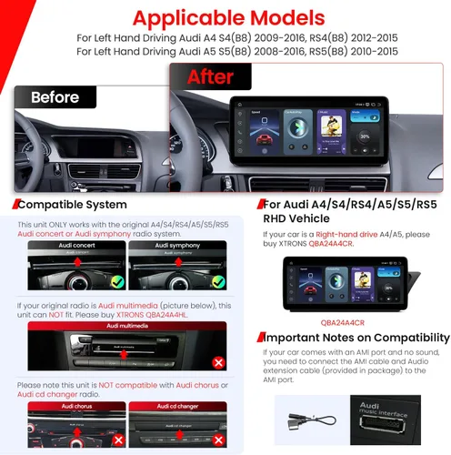 Vista 2 de XTRONS Estéreo de coche Android 13 de 12.3 pulgadas para Audi A4 S4 RS4 A5 S5 RS5 B8 Concierto/Sinfónica Sistema de Radio, IPS Pantalla táctil