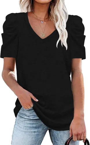 Vista 2 de Camiseta casual de verano con cuello en V para mujer, manga abombada, fruncida, elegante