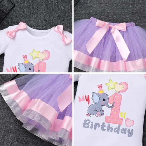 Vista 6 de ODASDO Conjunto de elefante para cumpleaños de bebé niña 12, 1, 2 y 3 cumpleaños para tarta, falda tutú, diadema