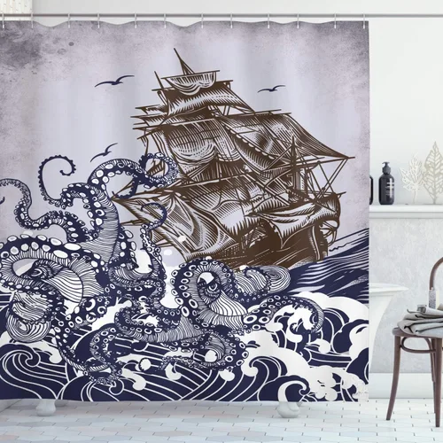 Vista 29 de Ambesonne Cortina de ducha de gato, diseño bohemio de estilo étnico con poses de gatitos sentados y acostados, juego de decoración de baño de tela