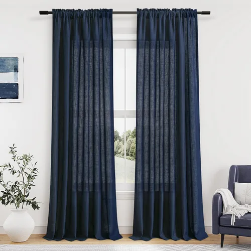 Vista 131 de Cortinas de lino verde aguamarina de 84 pulgadas de largo, juego de 2 paneles semitransparentes con bolsillo para barra para comedor, decoración