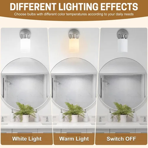 Vista 7 de Paquete de 2 luces de tocador de 1 luz, lámpara de baño de níquel cepillado con pantalla de vidrio blanco lechoso texturizado, accesorio