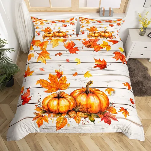 Vista 31 de Erosebridal Juego de funda de edredón individual de pavo de Acción de Gracias, juego de ropa de cama de calabaza y hojas de otoño para niños