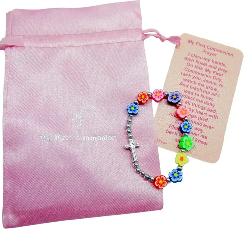 Vista 6 de Westmon Works Pulsera de flores de primera comunión para niñas con tarjeta santa católica elástica muñeca con bolsa de transporte con cordón, Sin