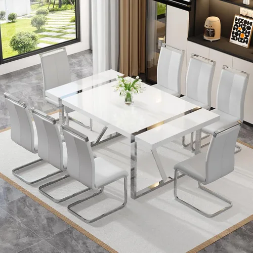 Vista 39 de Mesa de comedor Ebullient para 4, mesa de comedor rectangular negra de MDF, tapa de mesa de cena de mármol falso, mesa de comedor moderna con marco