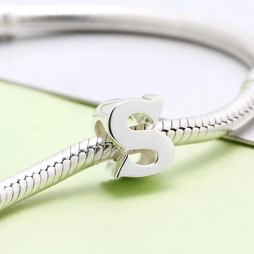 Vista 3 de Abalorio de plata de ley 925 con letra inicial de la A a la Z, se adapta a pulseras Pandora, collar, Plata esterlina
