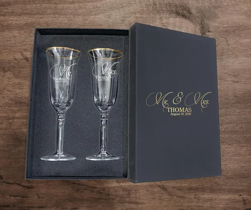 Vista 31 de Juego de 2 copas de champán personalizadas para boda grabadas con caja - Bride & Groom's Wedding Toast