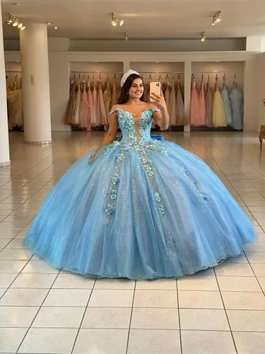 Vista 4 de Mauuwy Vestidos de quinceañera de tul de lujo, vestido de baile hinchado brillante dulce 16 vestidos florales fuera del hombro vestido de graduación