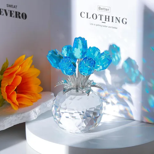 Vista 3 de Figura de cristal de rosa azul lago con jarrón, ramo de flores, adorno de regalo para esposa, novia, mujer, flor de cristal hecha a mano, decoración