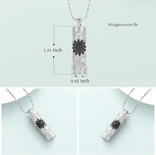 Vista 2 de Imrsanl Collar de urna de cremación cilíndrica para cenizas, urna de girasol, collar con colgante para hombres y mujeres, joyería conmemorativa