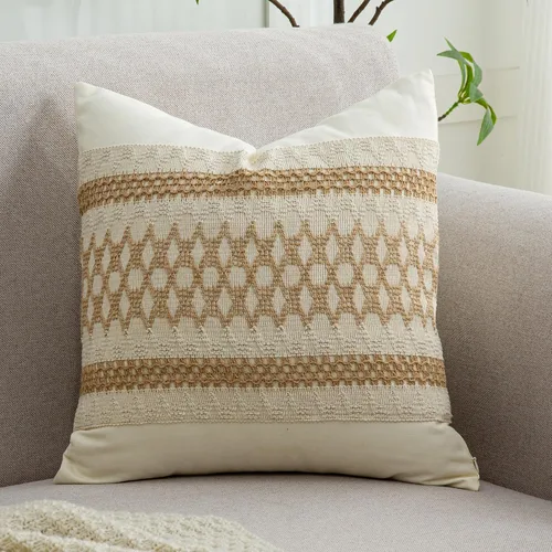 Vista 9 de 1 funda de almohada para sala de estar, algodón y arpillera, estilo bohemio decorativo para el hogar (beige y azul, 16 x 16 pulgadas)