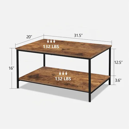Vista 3 de SENIG Mesa de café pequeña rectangular marrón de madera y metal con estante de almacenamiento para salas de estar pequeñas