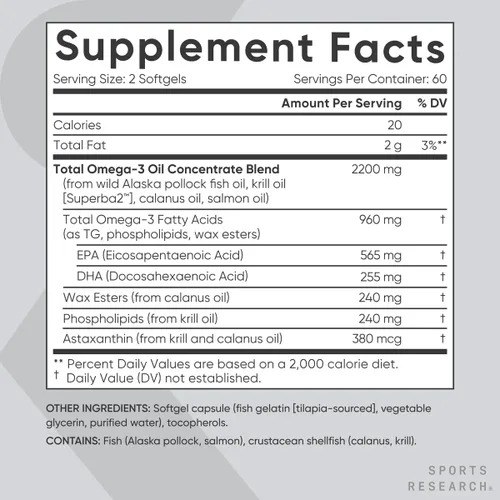 Vista 5 de Sports Research Total Omega-3 Aceite de pescado 2200 mg – Hecho de krill antártico con astaxantina, salmón salvaje y abadejo de Alaska – 960 mg