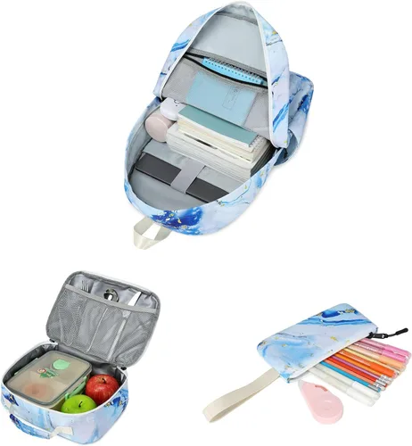Vista 5 de Imyth Mochila para adolescentes y niñas, regalo escolar, bolsa de almuerzo, bolsa de lápices 3 en 1 (azul mármol)