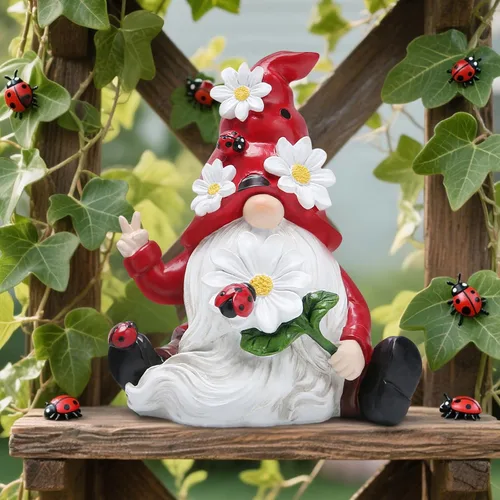 Vista 6 de Hodao Decoraciones de gnomos de primavera de mariquita para mesa del hogar, porche, jardín, patio, adornos de elfo de mariquita, decoración