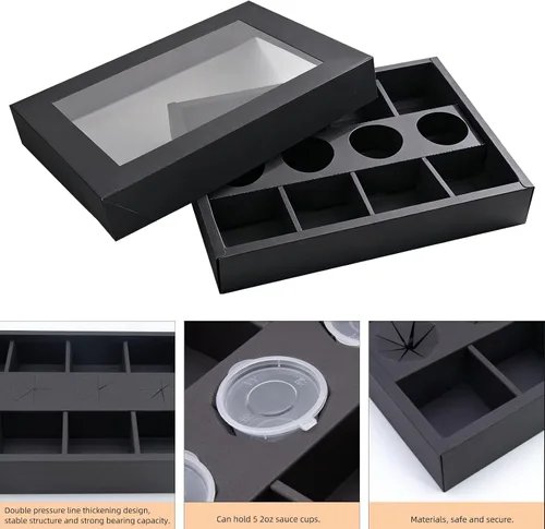Vista 4 de Caja de pastelería desechable de 8 compartimentos con tapas, 10 unidades, caja negra dividida para panadería con soporte para inmersión para 4-6