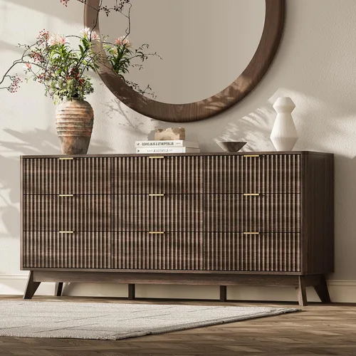Vista 15 de Cómoda acanalada con 9 cajones de 63 pulgadas de ancho para dormitorio, borde curvado, roble Wooden Closet Organizer for Bedroom,Fluted Dresser with
