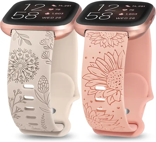 Vista 14 de Paquete de 2 correas con grabado floral compatibles con Fitbit Versa 2/Fitbit Versa/Versa Lite para mujeres, linda correa deportiva de silicona